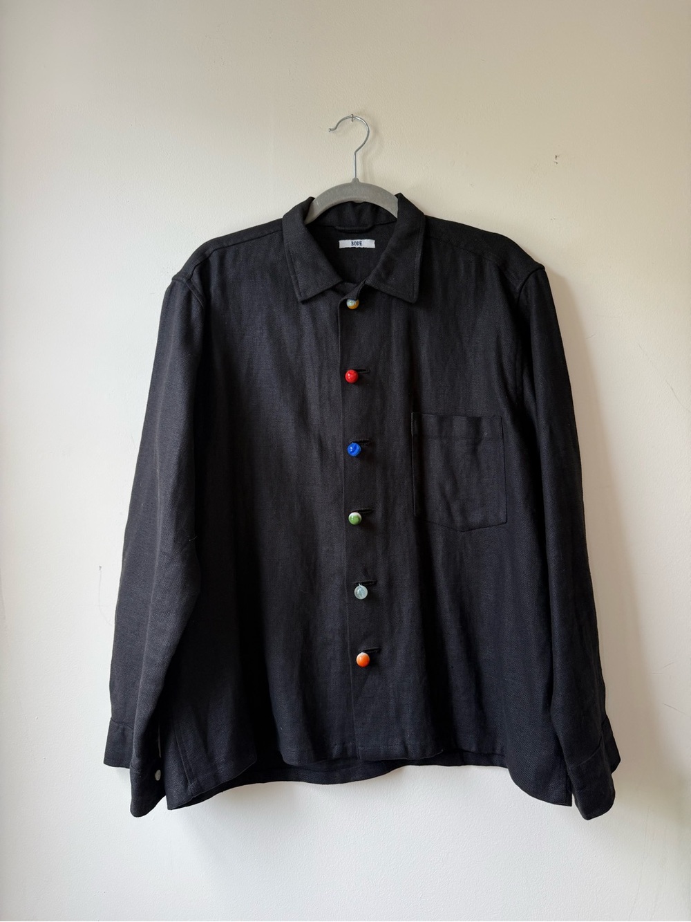BODE Linen Black Men's Button-Front Shirt with Multicolor Marble Buttons